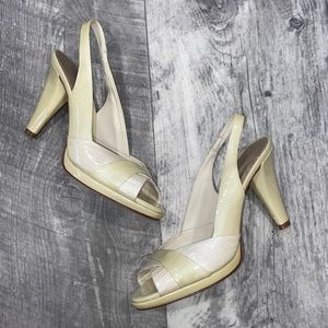ANTONIO MELANI Pale Yellow & Cream Crocodile Peep Toe Sling Back Heels